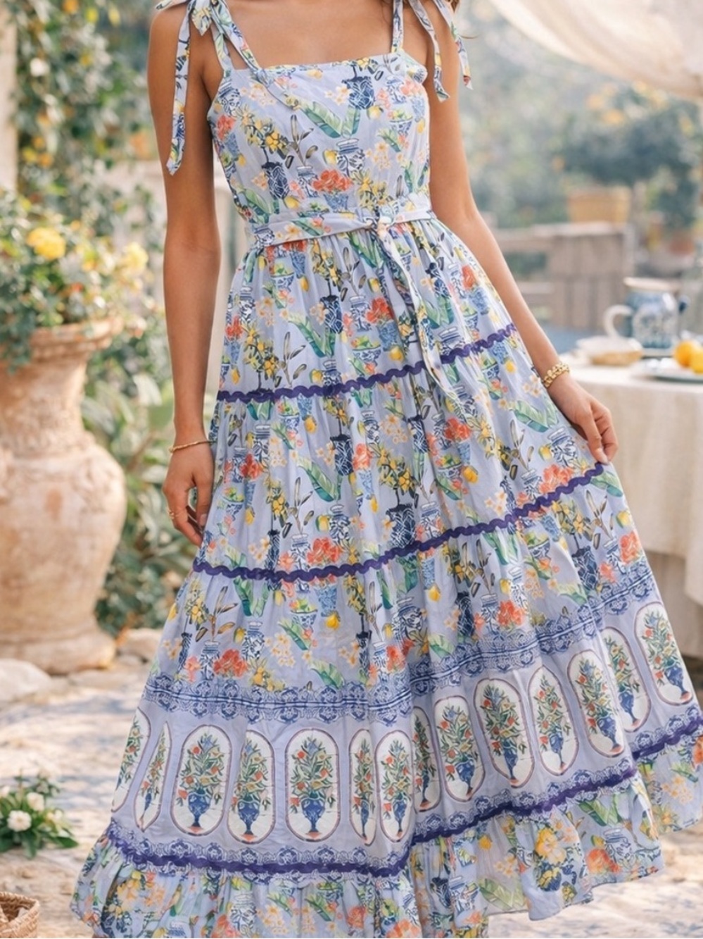 Emily Lovelock Chinoiserie Ginger Jar Print Tiered Midi Dress XS Anthropologie